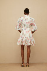 Amari Mini Dress - Floral Print - Puff Sleeves - Tied Waist - Scallop Trim - Faux - Pearl Buttons