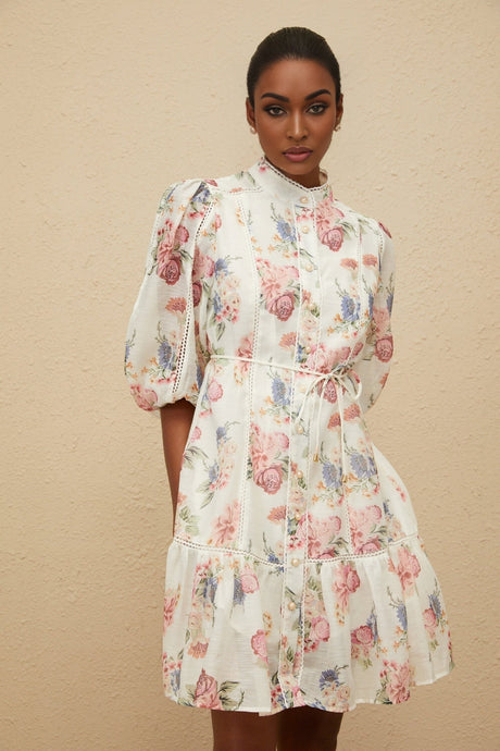 Amari Mini Dress - Floral Print - Puff Sleeves - Tied Waist - Scallop Trim - Faux - Pearl Buttons