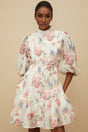 Amari Mini Dress - Floral Print - Puff Sleeves - Tied Waist - Scallop Trim - Faux - Pearl Buttons