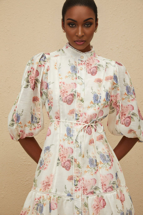 Amari Mini Dress - Floral Print - Puff Sleeves - Tied Waist - Scallop Trim - Faux - Pearl Buttons