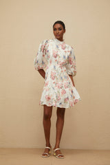 Amari Mini Dress - Floral Print - Puff Sleeves - Tied Waist - Scallop Trim - Faux - Pearl Buttons