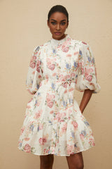 Amari Mini Dress - Floral Print - Puff Sleeves - Tied Waist - Scallop Trim - Faux - Pearl Buttons