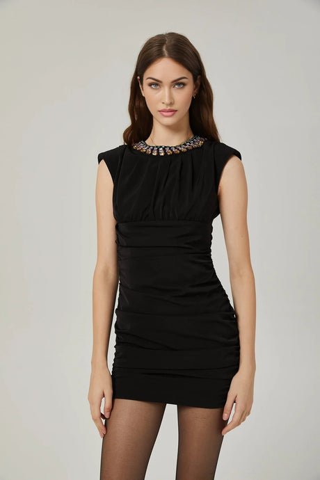Amari Mini Dress - Sleeveless - Ruched Detailing - Crystal Embellishment - Rear Zip Fastening