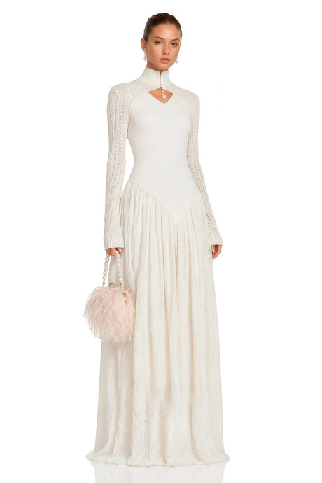 Amaris Neutral Ribbed Knit Long Sleeves Maxi Dress