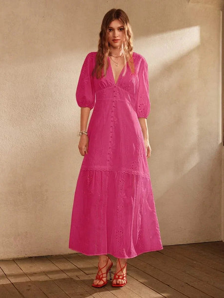 Amaya Maxi Dress - V Neckline - Bishop Sleeve - High Waist - Ruffle Hem - Elegant Style