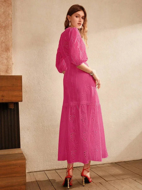Amaya Maxi Dress - V Neckline - Bishop Sleeve - High Waist - Ruffle Hem - Elegant Style