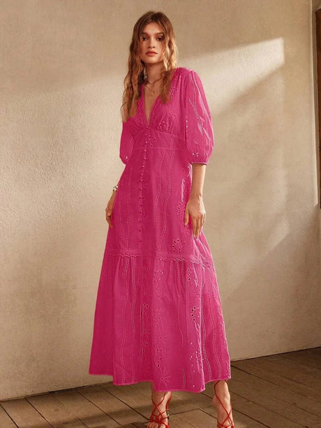Amaya Maxi Dress - V Neckline - Bishop Sleeve - High Waist - Ruffle Hem - Elegant Style