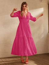Amaya Maxi Dress - V Neckline - Bishop Sleeve - High Waist - Ruffle Hem - Elegant Style