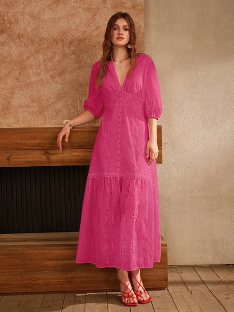 Amaya Maxi Dress - V Neckline - Bishop Sleeve - High Waist - Ruffle Hem - Elegant Style