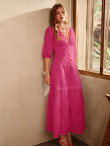 Amaya Maxi Dress - V Neckline - Bishop Sleeve - High Waist - Ruffle Hem - Elegant Style