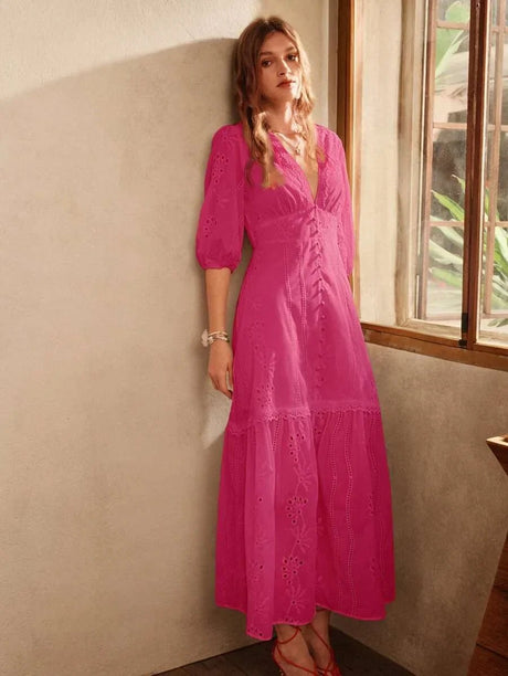 Amaya Maxi Dress - V Neckline - Bishop Sleeve - High Waist - Ruffle Hem - Elegant Style