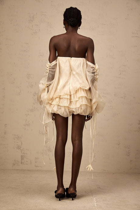 Amaya Mini Dress - Off - the - shoulder Style - Long Puff Sleeves - Adjustable Self - tie Design - Ruched Detailing