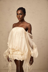 Amaya Mini Dress - Off - the - shoulder Style - Long Puff Sleeves - Adjustable Self - tie Design - Ruched Detailing