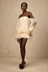 Amaya Mini Dress - Off - the - shoulder Style - Long Puff Sleeves - Adjustable Self - tie Design - Ruched Detailing