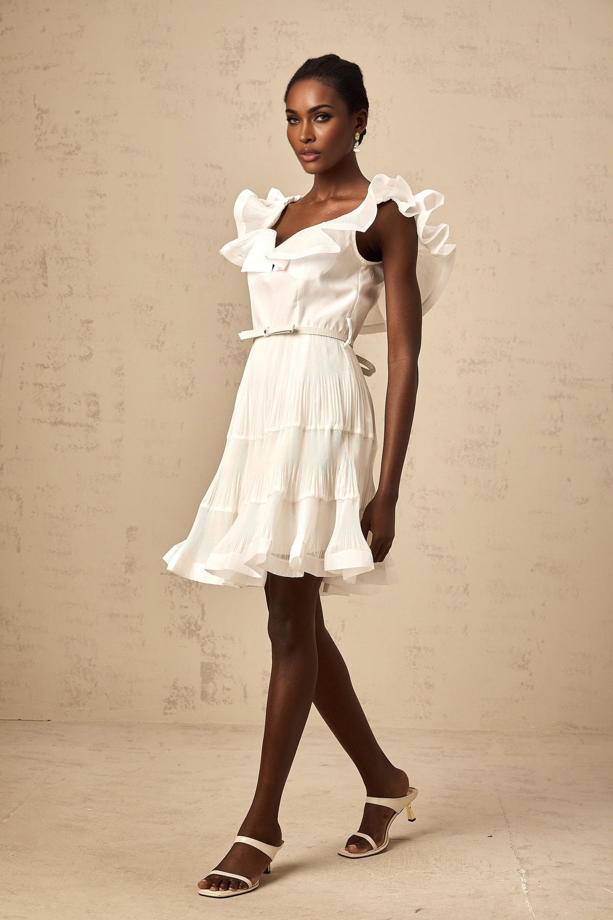 Amaya Mini Dress - Sweetheart Neck - Frilled Neckline - Pleated Detailing - Boned Bodice - Belt Loops