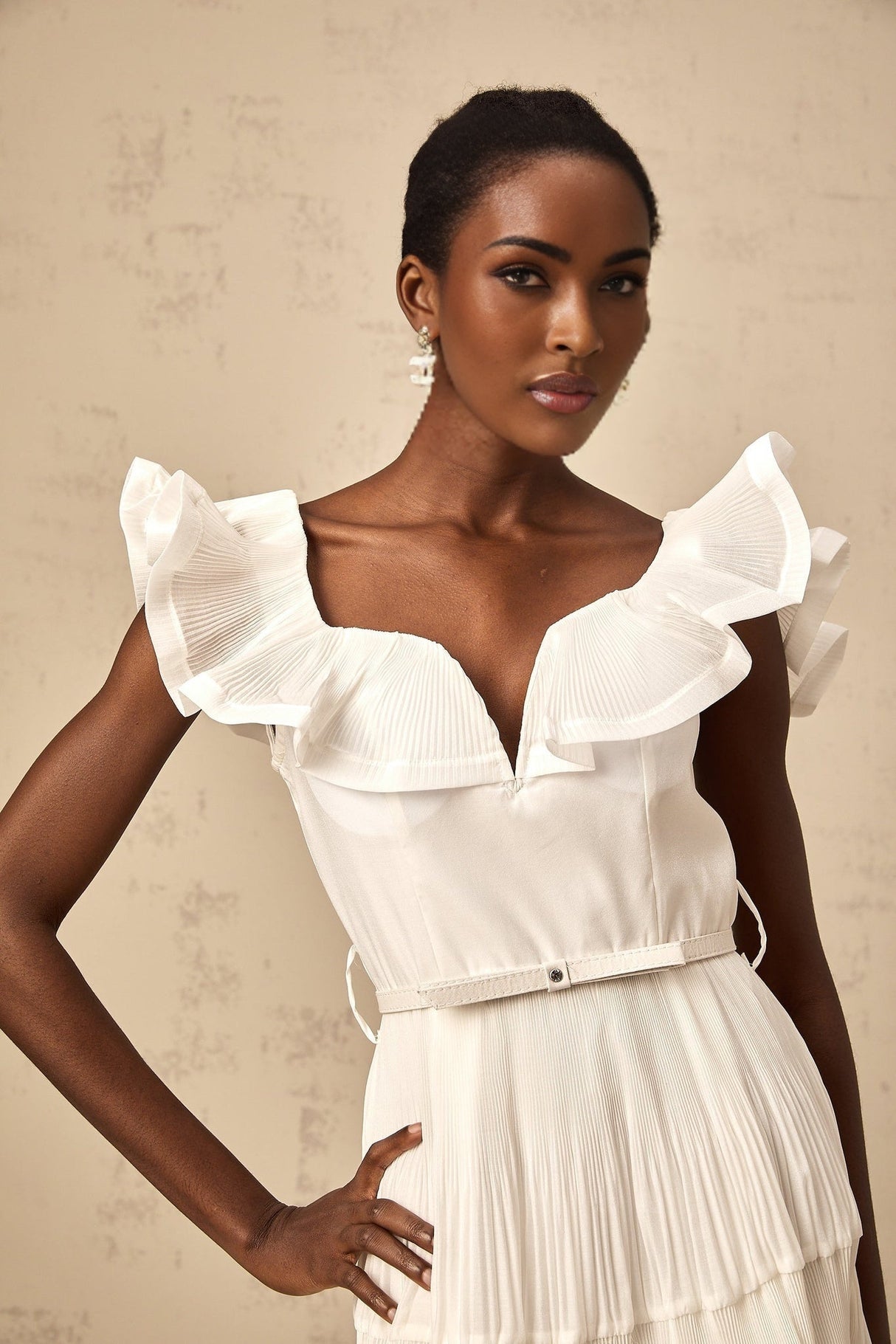 Amaya Mini Dress - Sweetheart Neck - Frilled Neckline - Pleated Detailing - Boned Bodice - Belt Loops