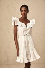 Amaya Mini Dress - Sweetheart Neck - Frilled Neckline - Pleated Detailing - Boned Bodice - Belt Loops