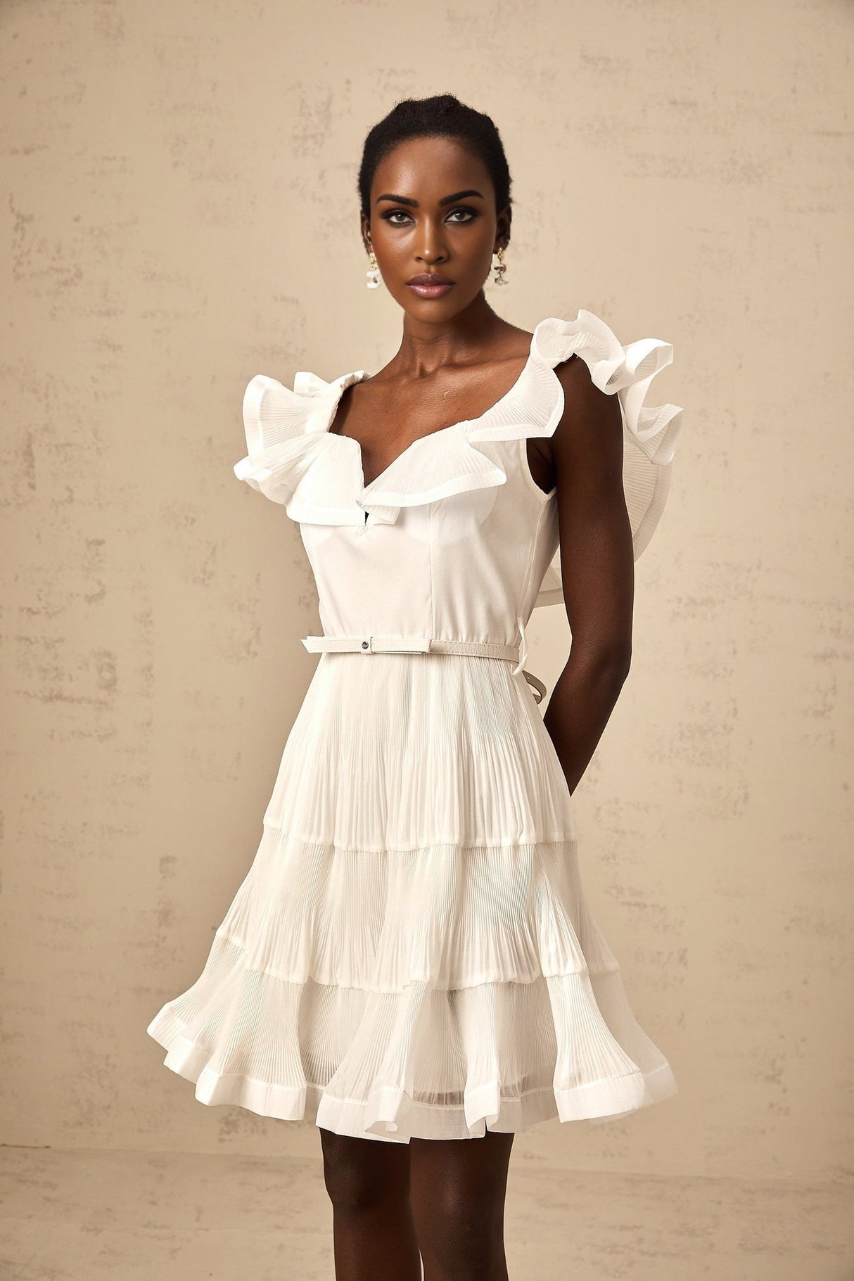 Amaya Mini Dress - Sweetheart Neck - Frilled Neckline - Pleated Detailing - Boned Bodice - Belt Loops