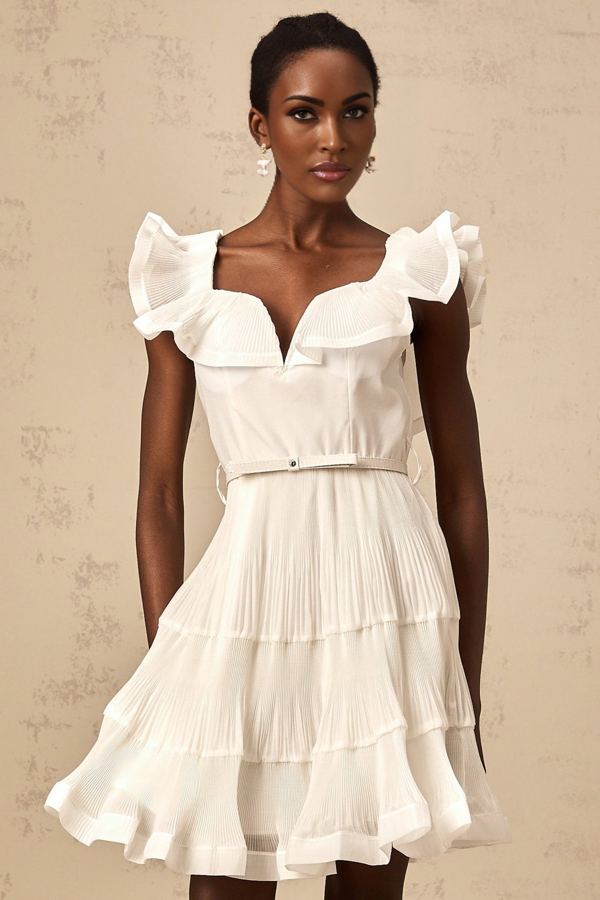 Amaya Mini Dress - Sweetheart Neck - Frilled Neckline - Pleated Detailing - Boned Bodice - Belt Loops