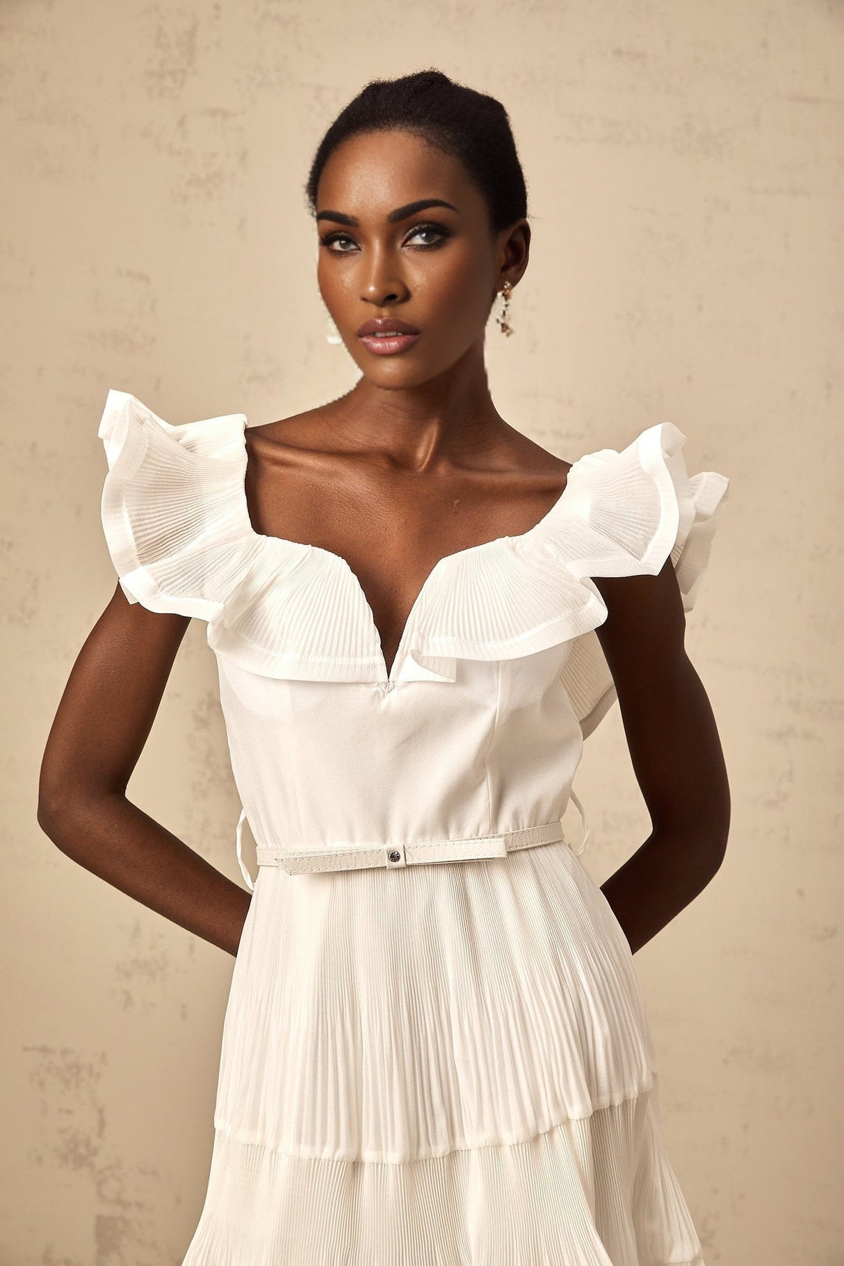 Amaya Mini Dress - Sweetheart Neck - Frilled Neckline - Pleated Detailing - Boned Bodice - Belt Loops