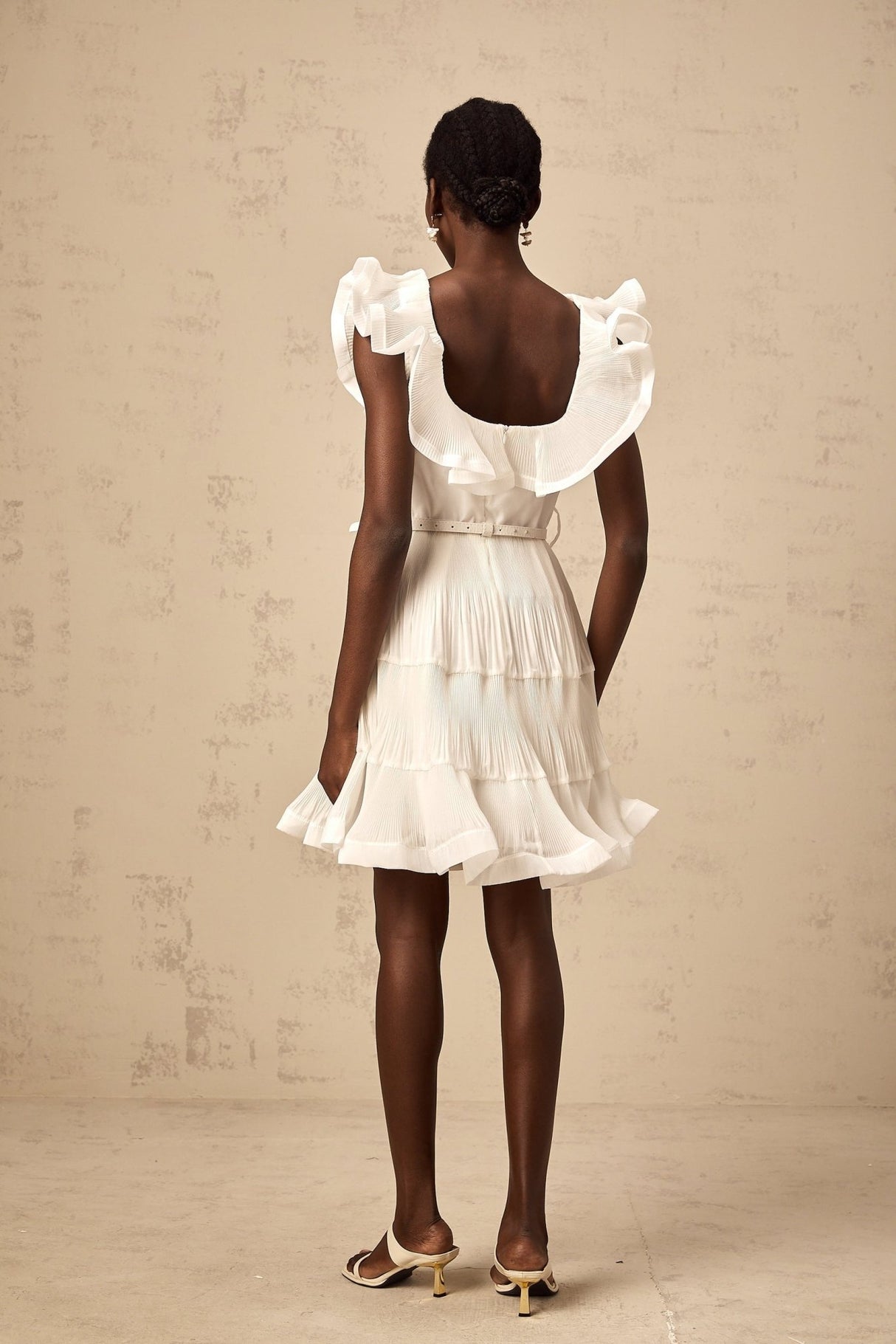 Amaya Mini Dress - Sweetheart Neck - Frilled Neckline - Pleated Detailing - Boned Bodice - Belt Loops