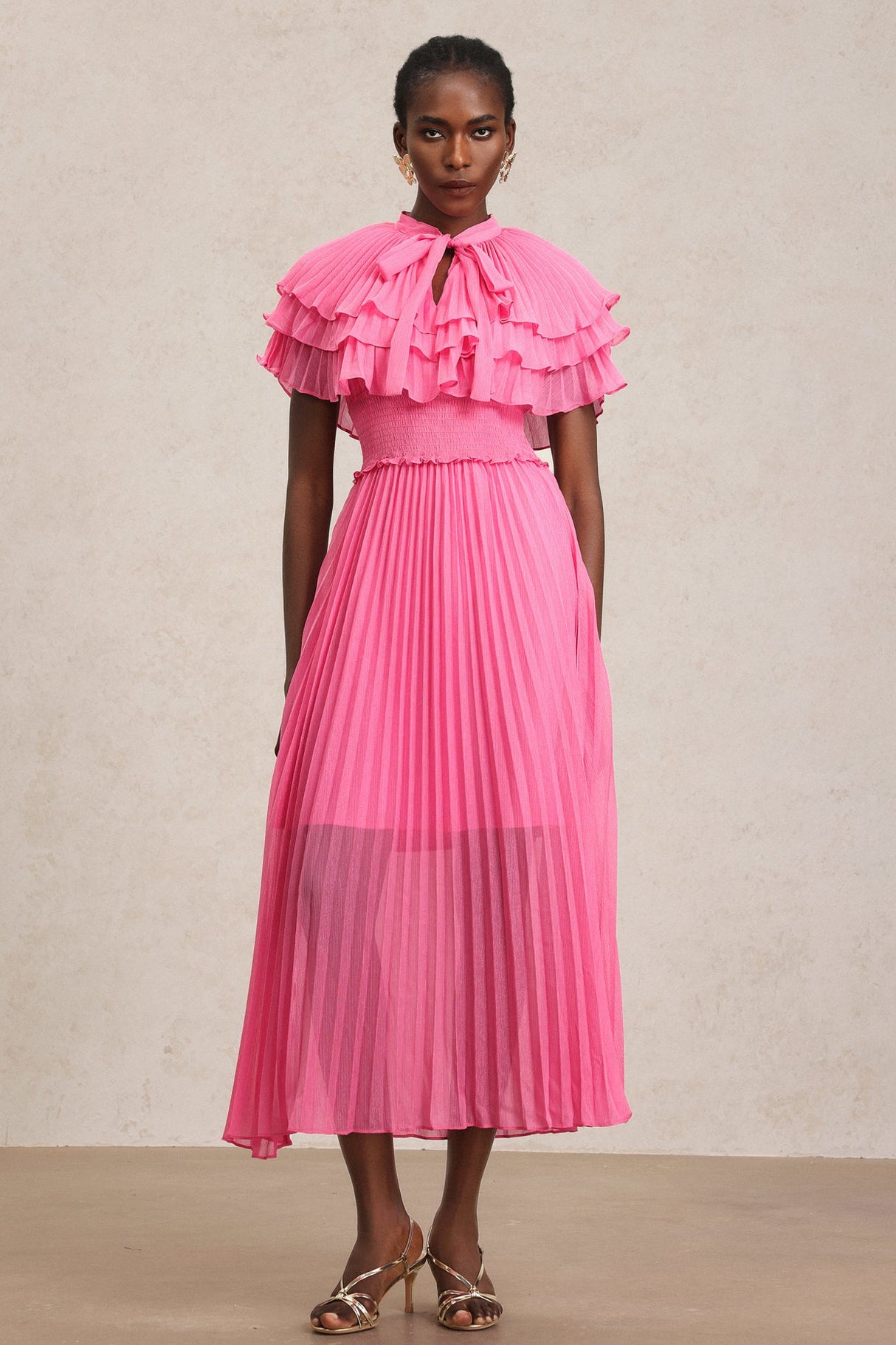 Amaya Pink Ruffled Neckline Smocked Waist Pleated Detailing Dress