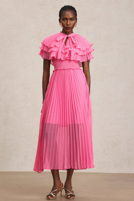 Amaya Pink Ruffled Neckline Smocked Waist Pleated Detailing Dress