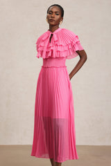 Amaya Pink Ruffled Neckline Smocked Waist Pleated Detailing Dress