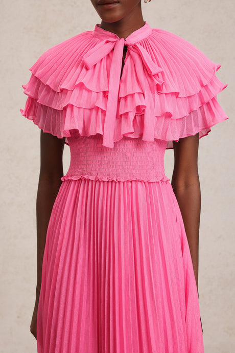 Amaya Pink Ruffled Neckline Smocked Waist Pleated Detailing Dress