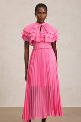 Amaya Pink Ruffled Neckline Smocked Waist Pleated Detailing Dress