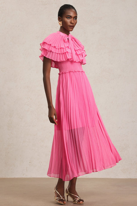 Amaya Pink Ruffled Neckline Smocked Waist Pleated Detailing Dress