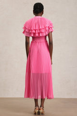 Amaya Pink Ruffled Neckline Smocked Waist Pleated Detailing Dress