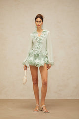 Amber Blouse & Skirt - Chiffon - V - Neckline - Flounced Detailing - Crystal Embellishment