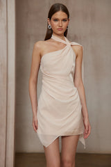 Amber Light Pink Asymmetrical Draped Chiffon Mini Dress