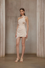 Amber Light Pink Asymmetrical Draped Chiffon Mini Dress