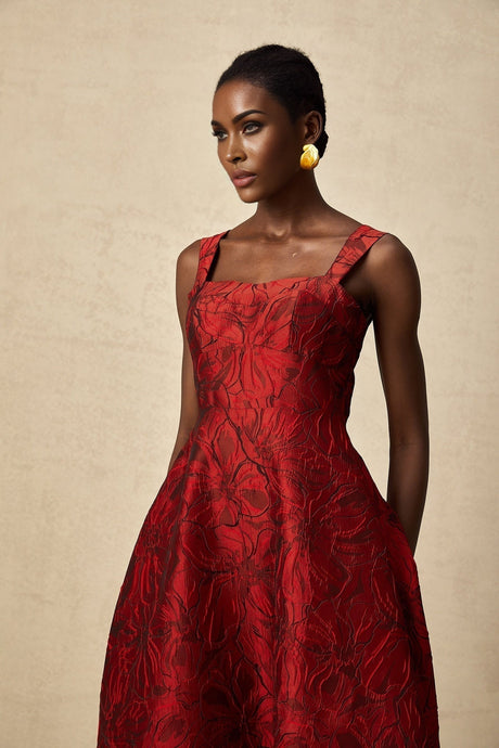 Amber Midi Dress - Sleeveless - Square Neck - Floral Jacquard - Flared Skirt - Side Pockets
