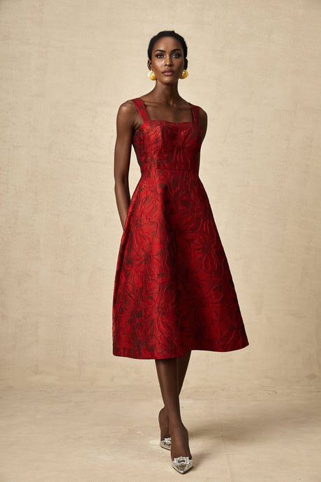 Amber Midi Dress - Sleeveless - Square Neck - Floral Jacquard - Flared Skirt - Side Pockets