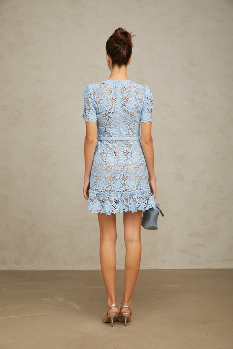 Amber Mini Dress - Guipure Lace - Floral Appliqu Detailing - Crystal - Embellished Buttons - Ruffled Hem