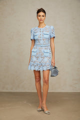 Amber Mini Dress - Guipure Lace - Floral Appliqu Detailing - Crystal - Embellished Buttons - Ruffled Hem