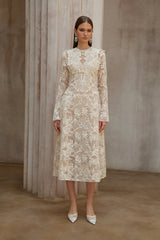 Amber White Long Sleeve Floral Lace Midi Dress