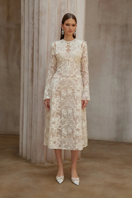 Amber White Long Sleeve Floral Lace Midi Dress
