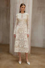 Amber White Long Sleeve Floral Lace Midi Dress