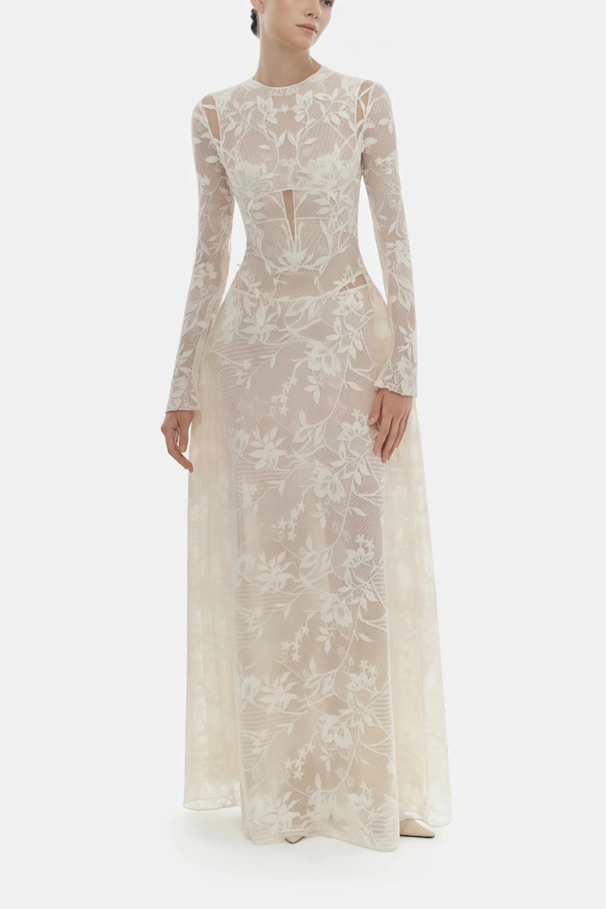 Amber White Long Sleeve Floral Lace Midi Dress