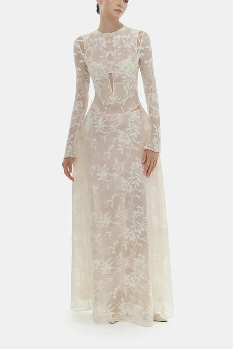 Amber White Long Sleeve Floral Lace Midi Dress
