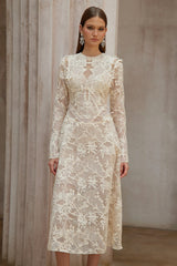 Amber White Long Sleeve Floral Lace Midi Dress