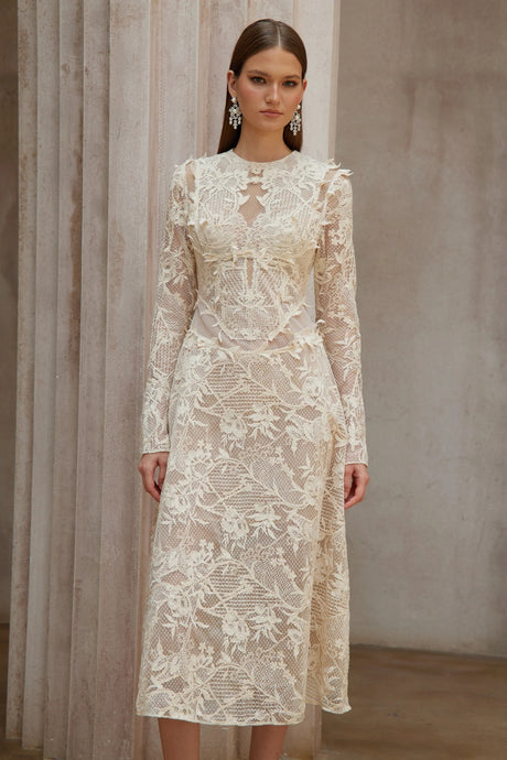 Amber White Long Sleeve Floral Lace Midi Dress