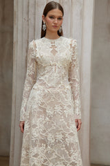 Amber White Long Sleeve Floral Lace Midi Dress