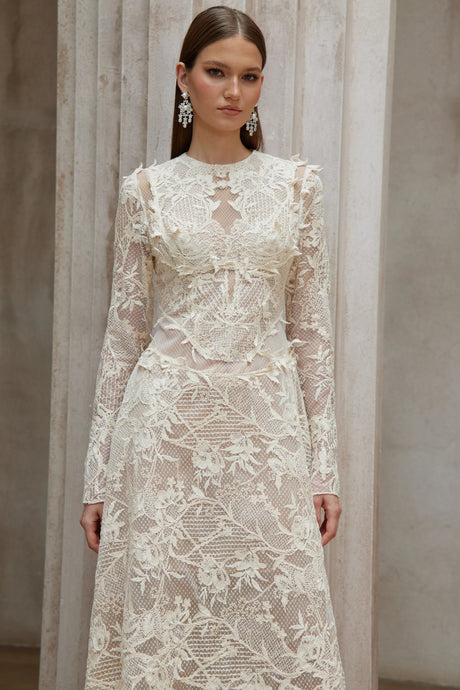 Amber White Long Sleeve Floral Lace Midi Dress