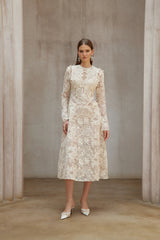 Amber White Long Sleeve Floral Lace Midi Dress