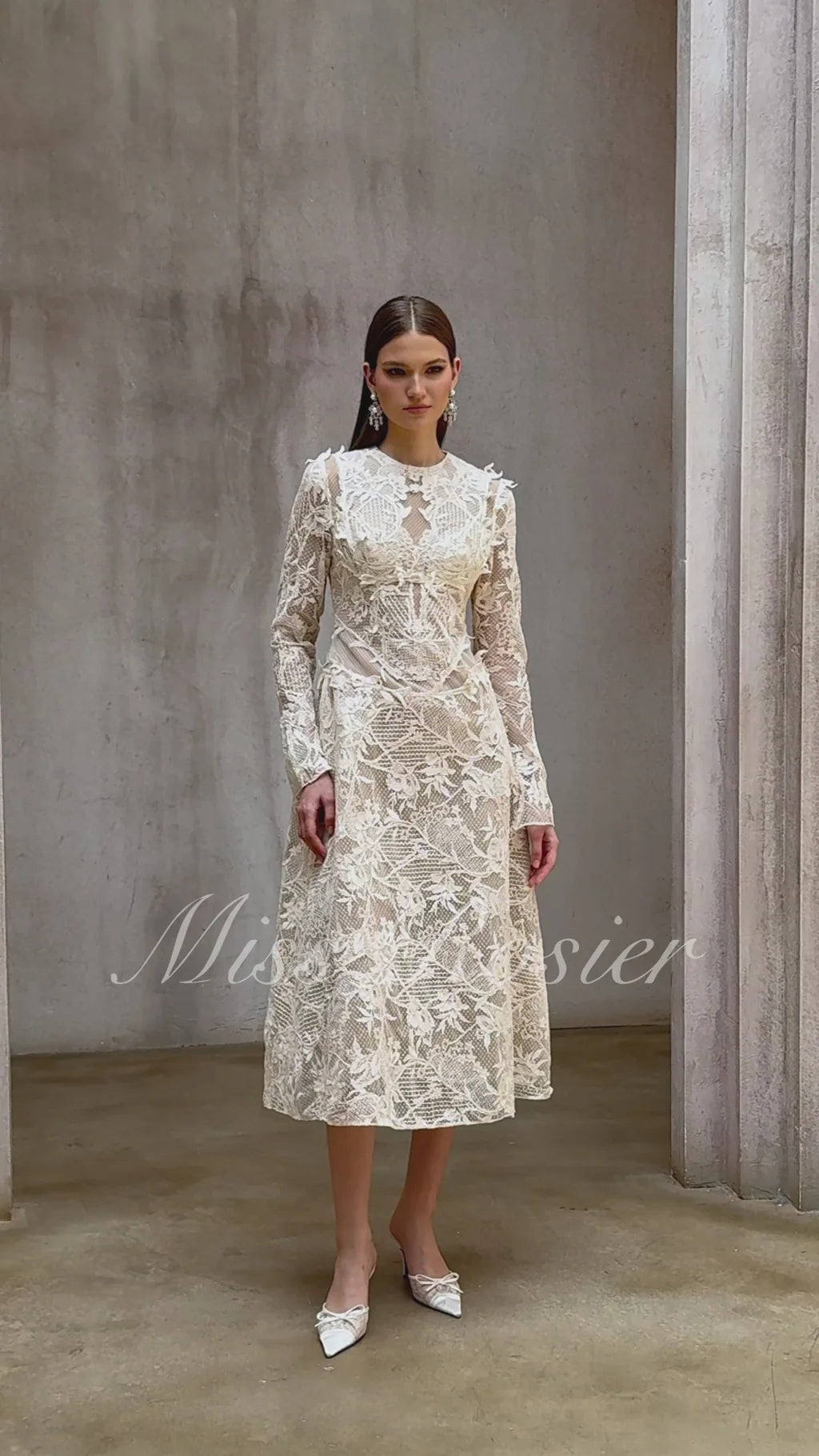 Amber White Long Sleeve Floral Lace Midi Dress